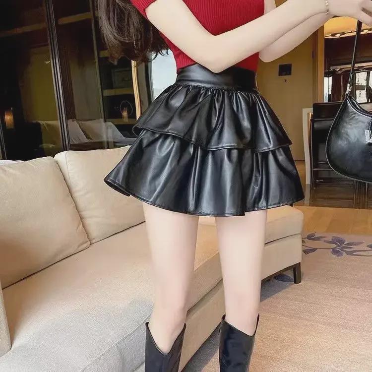 2024 Autumn/Winter Women's High Waist PU Leather A-Line Skirt - Slim, Fluffy, Anti-Exposure, Hot Girl Cake Design