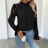 Womens Elegant Lace Trim Long Sleeve Blouse - Solid Color Office Chic Top