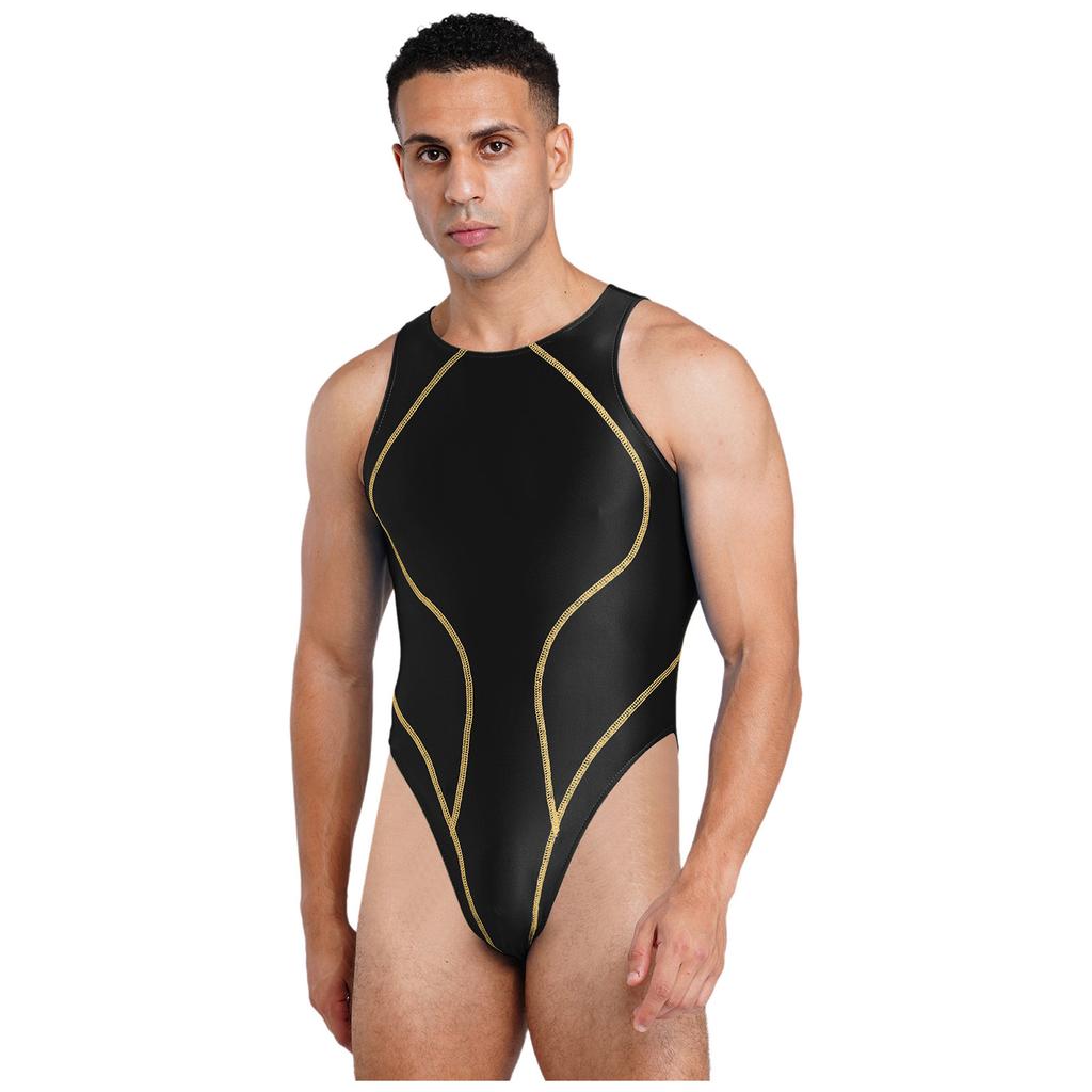 Ärmelloser glänzender Einteiler für Herren, hoch geschnitten, Farbblock-Bodysuit für Strand und Sonnenbaden S-XXL