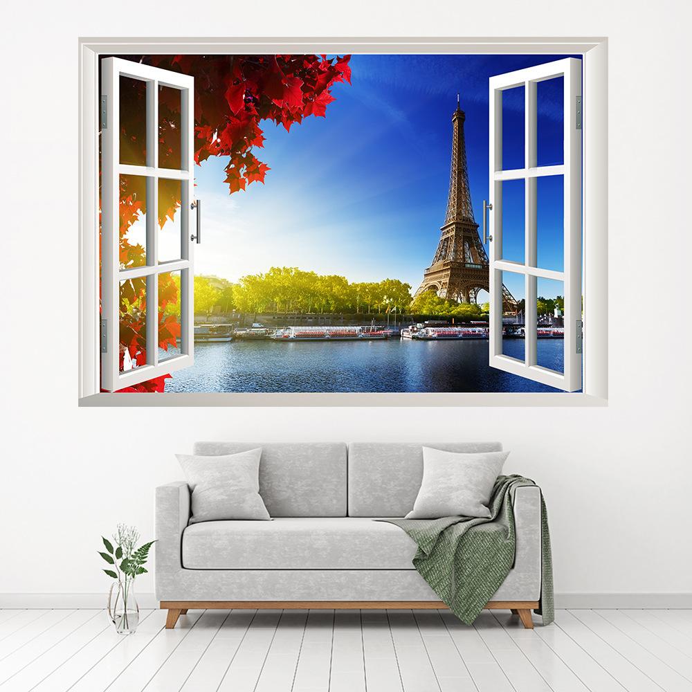 57*90cm 3D Natural Scenery Eiffel Tower False Window Wall Painting Living Room Bedroom Removable Wall Sticker Hoom Decor