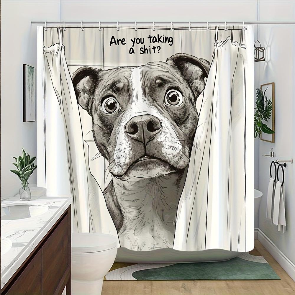 1Pc "Pit Bull Shower Peeker" Bathroom Curtain - Grayscale Pit Bull With Wide Eyes, Humorous "Are You Pooping?" Text, Durable