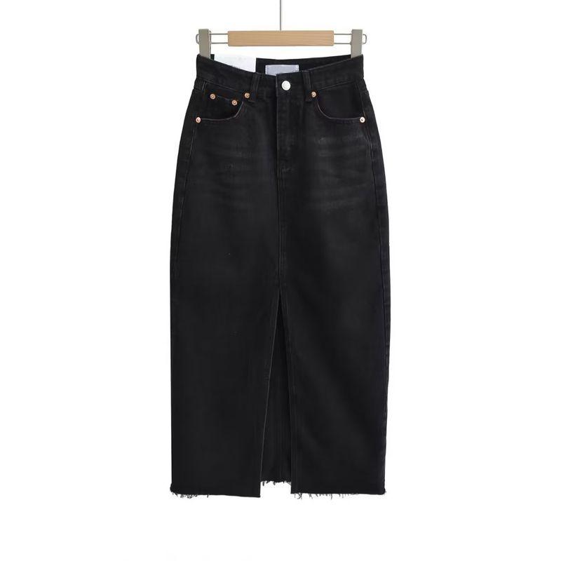 Spring New Arrival American Retro Ins Style High Waist A- Line Mid Length Long Length Front Slit Raw Edge Denim Skirt