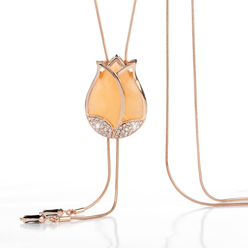 Tulip Floral Gorgeous Necklace With Cat Eye Stone And Snake Chain Perfect For Autumn Fashion