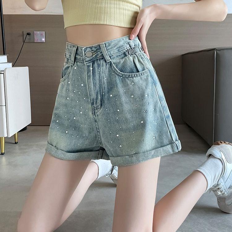 2026 Summer Women's High Waist Rhinestone Denim Shorts - Plus Size A-Line Wide Leg Hot Pants with Spicy Girl Design
