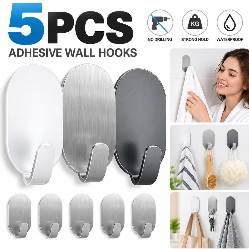 5PCS No Drilling Sticky Wall Hooks Self Adhesive Wall Mounted Key Holder  Bathroom Accessories