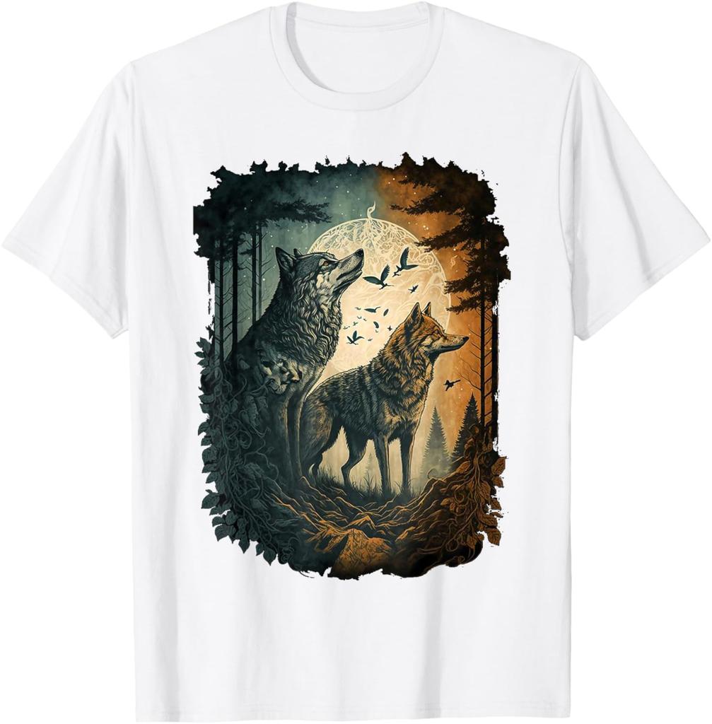 Wolf Howling Moon Forest Graphic Tee Men Women Casual Cotton Crew Neck T-Shirt Spring Autumn