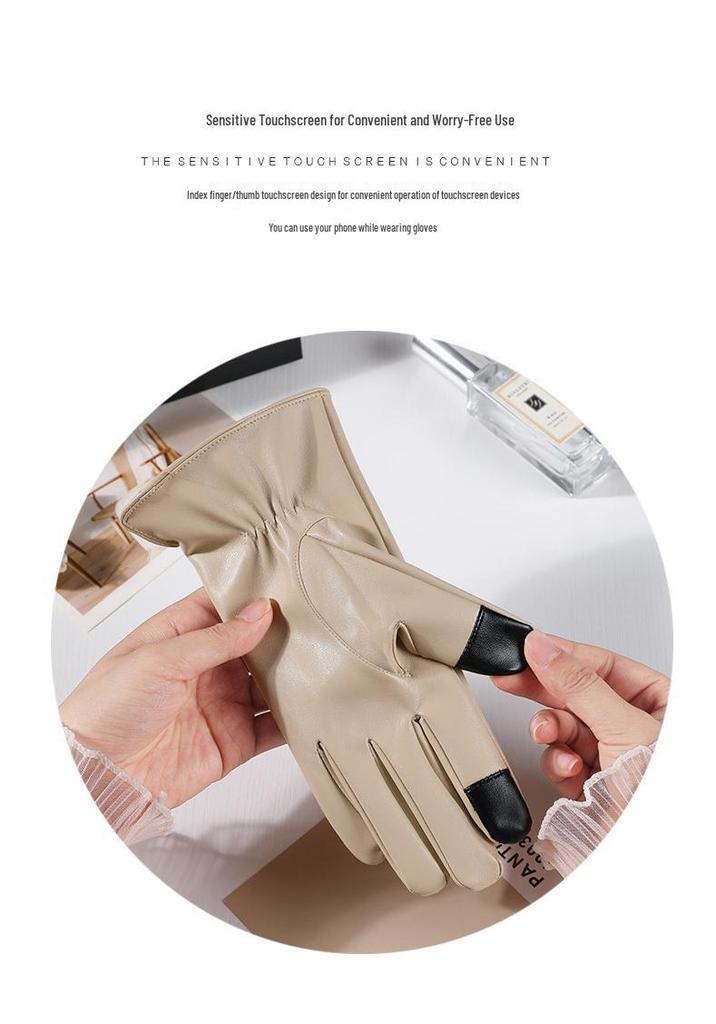 Warme Damen-Handschuhe aus PU-Leder mit Stickerei - Herbst/Winter Koreanischer Stil, Figurbetont, Samtfutter, Extra Dick für Radfahren und Autofahren