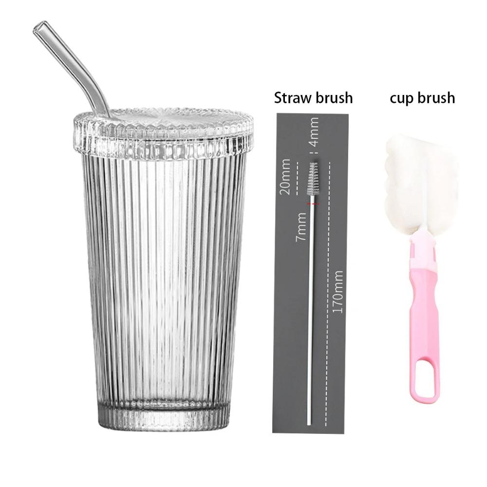 375Ml Stripe Glass Cup with Lid Straw Japanese Style Drinking Chic Mugs Milk Coffee Drinkware Tea Birthday Gifts Whiskey Glasses