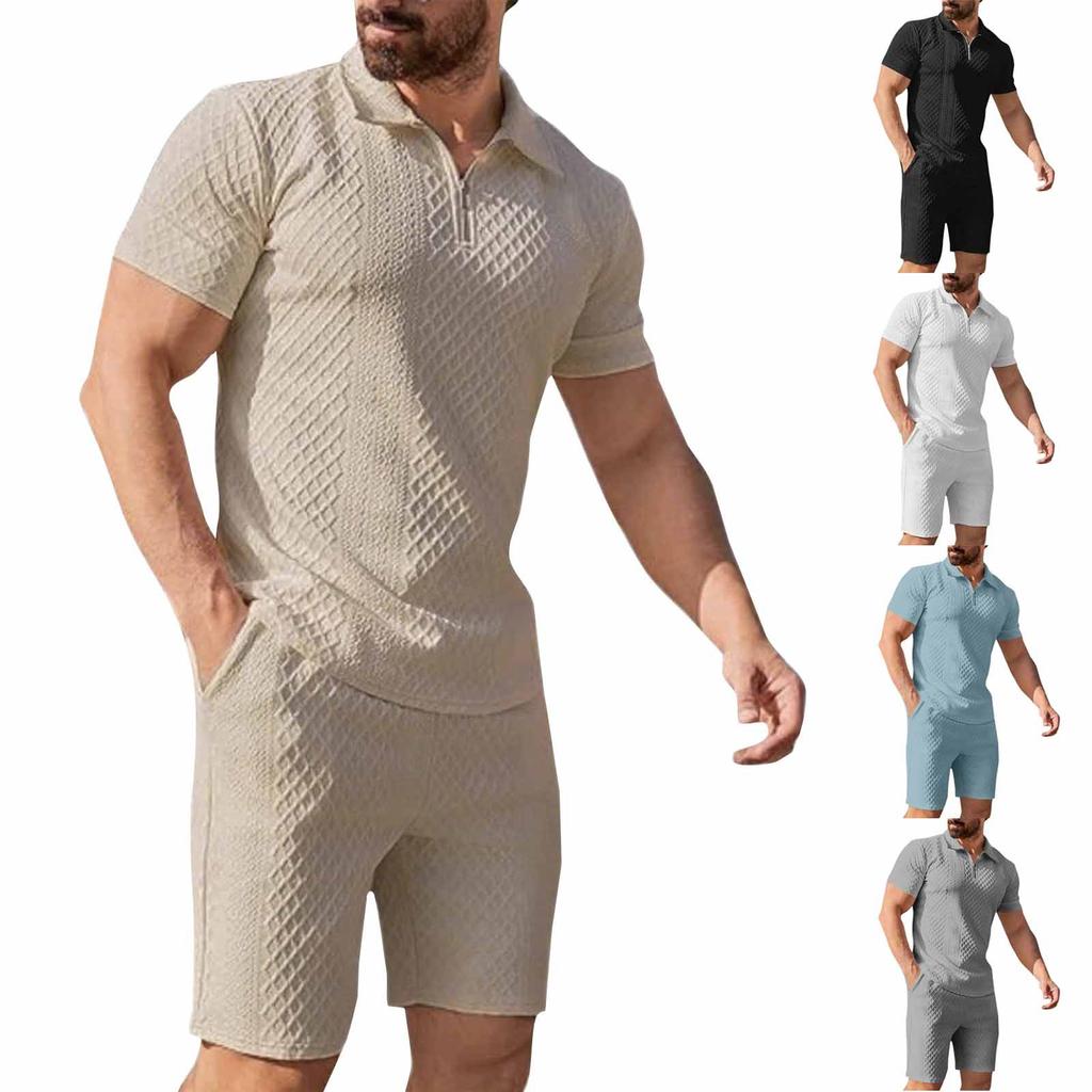 Men's Sports Casual Suit Summer Knitted Short Sleeved Shorts Two Piece Suit Men's T-shirt Lapel Suit