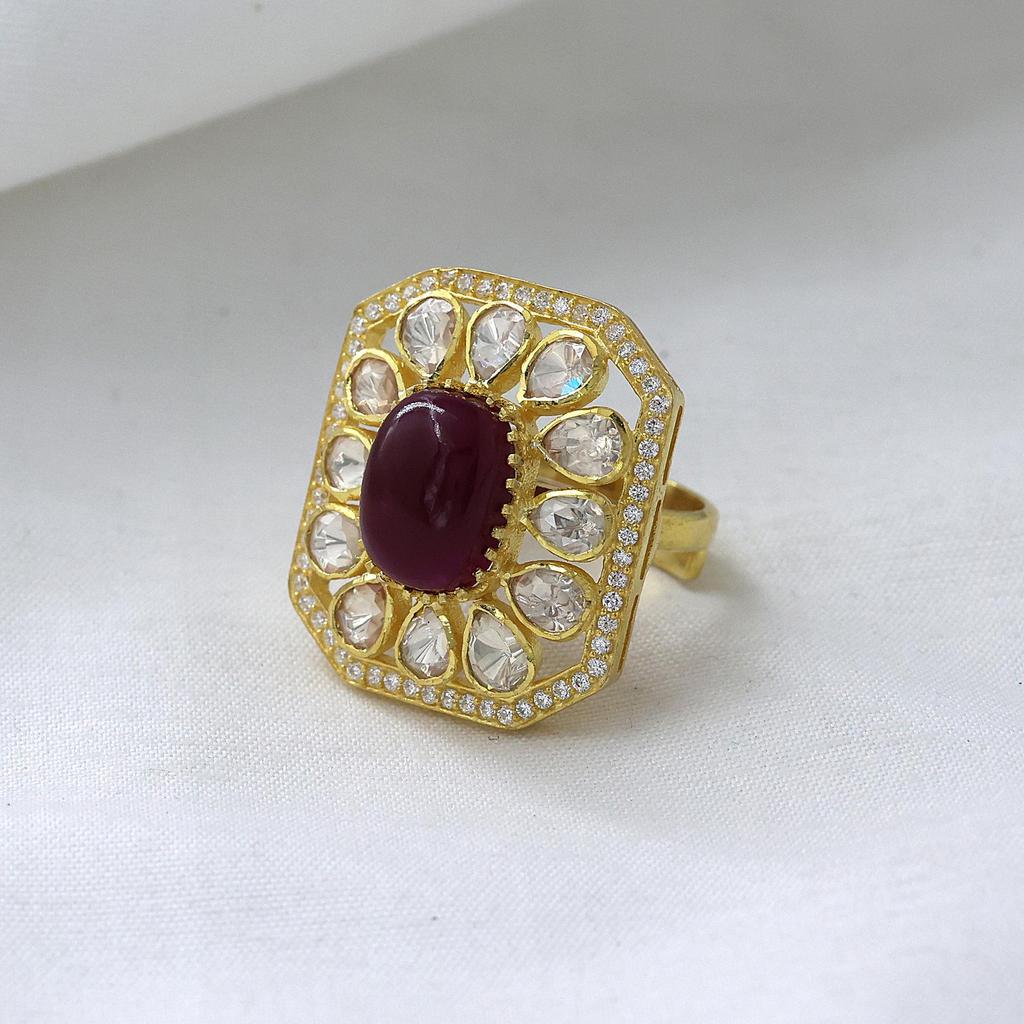 Kundan Gold Plated Ring, Adjustable Ring, 925 Sterling Silver Handmade Jewelry, Moissanite Ring Indian Women Jewelry Polki Ring