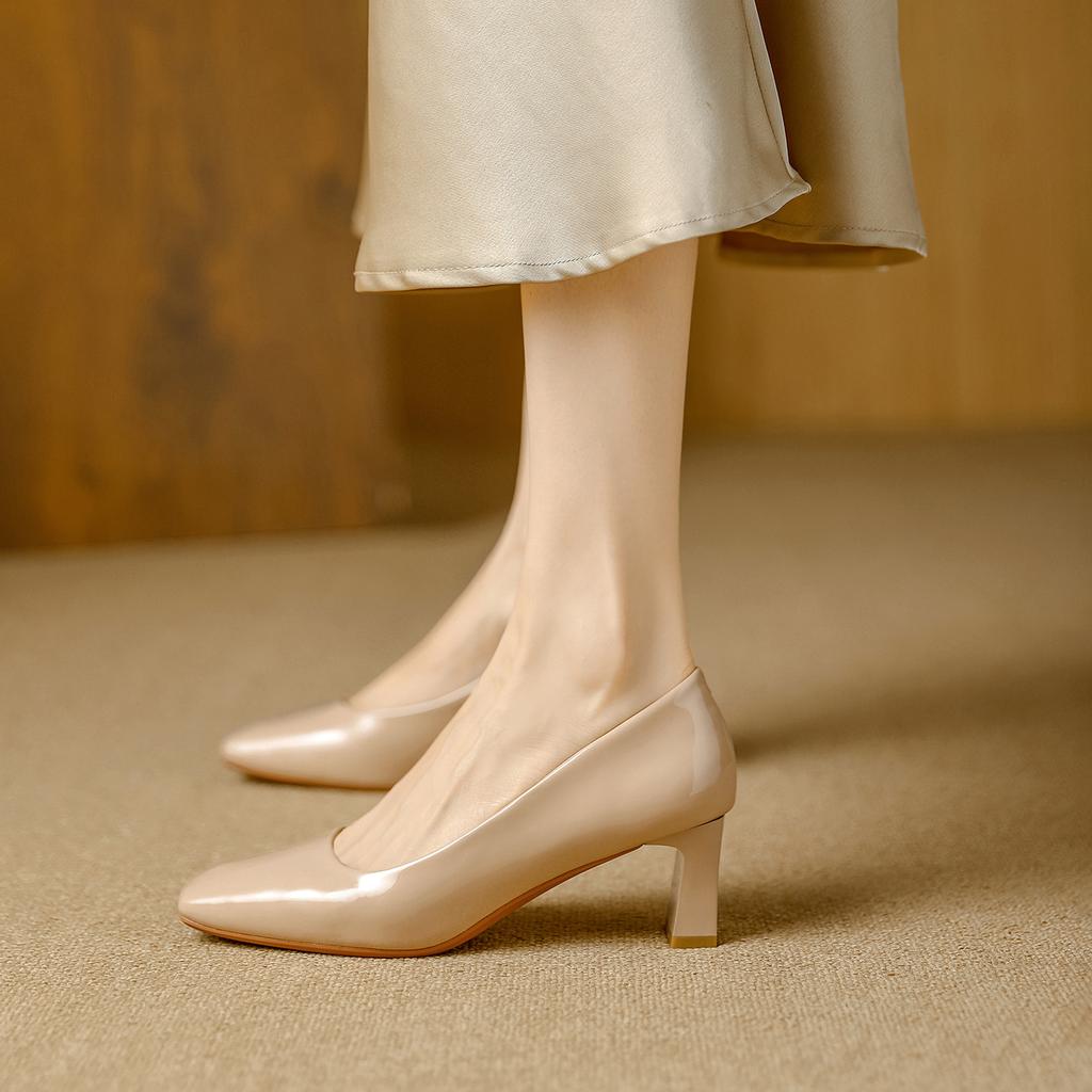Square Head Thick Heel Patent Leather Nude High Heels Women's Spring and Autumn New Daily Versatile Middle Heel Fashion Shoes