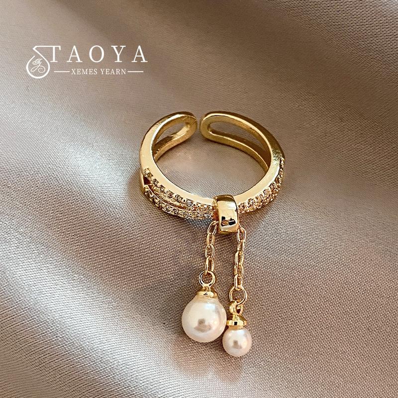 

2026 New Unusual Design Pearl Tassel Gold Color Open Ring Korean Fashion Jewelry For Women Girl s Finger Exquisite Accessories resizable&Gold-color