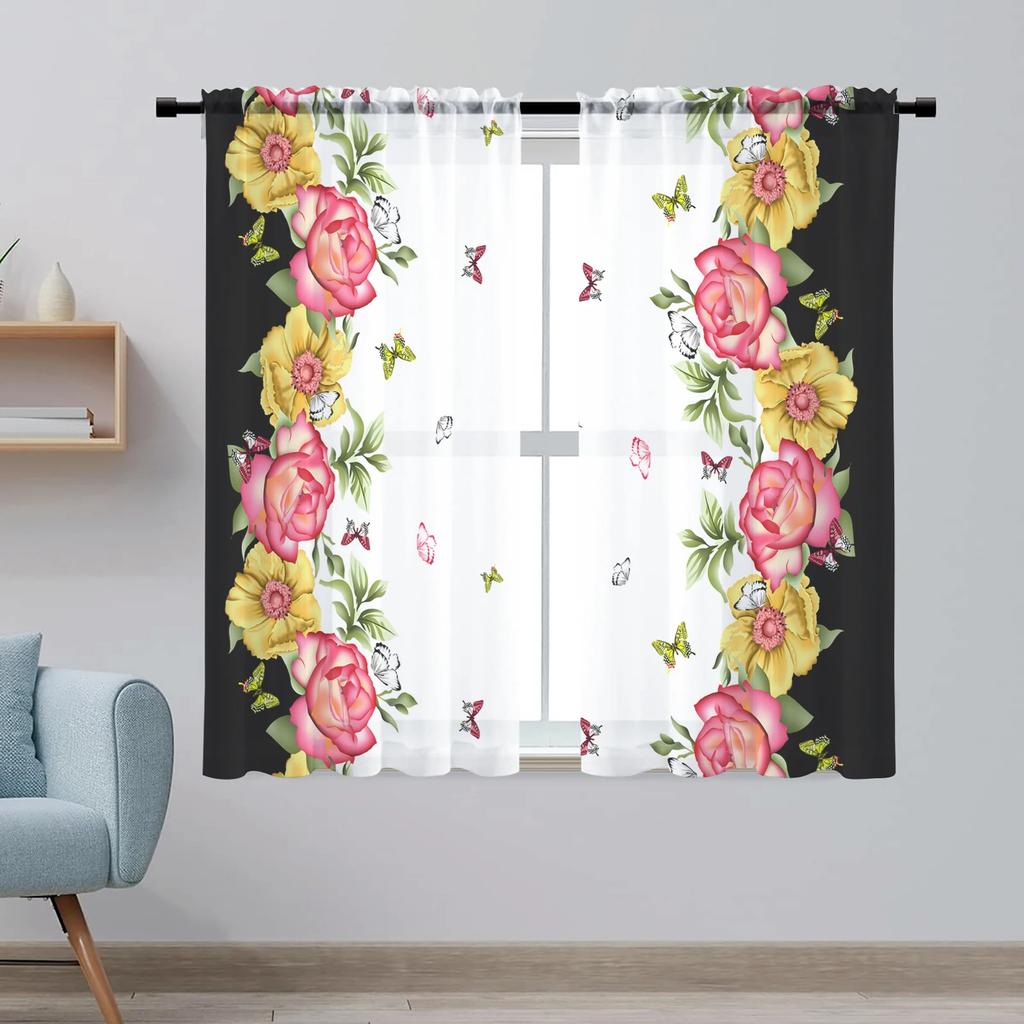 Romantic Rose Floral Yellow Flowers Voile Curtain Living Room Home Kitchen Green Leaves Butterfly Window Tulle With Sheer Polyester Perfect For