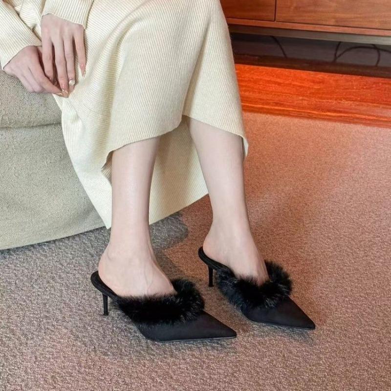 Gentle hairy pointed slippers women's winter bag head high heel half slippers mature piled cotton slippers