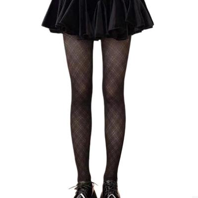 Y88A Women Aesthetic Japanese Gothic Mesh Pantyhose Elegant Argyle Checkered Plaids Pattern Tights Bottoming Stockings