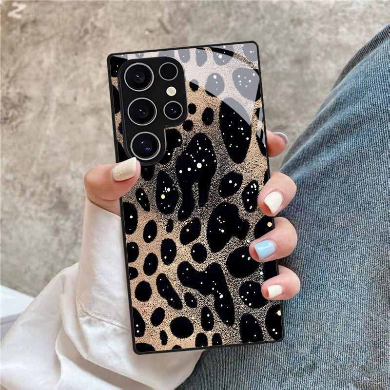 Leopard Print Pattern Glass Phone Case Suitable for Samsung Galaxy S26 S25 S24 S23 S22 S21 S20FE/Ultra/Plus Anti Drop Back Cover