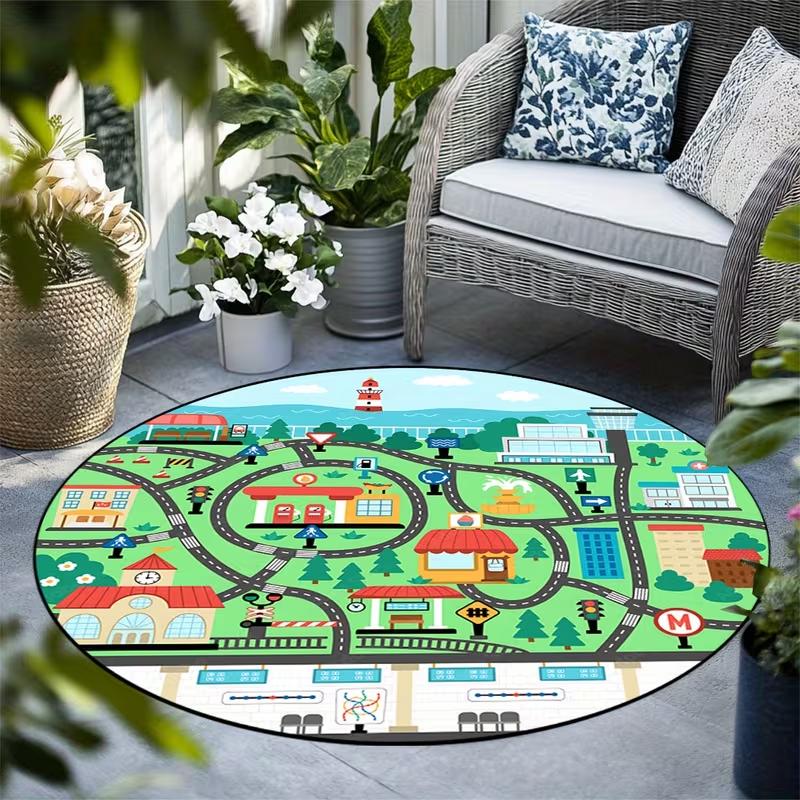 City Street Map Print Round Area Rug Traffic Roads Educational Kids Play Carpet Soft Non-Slip Activity Mat for Playroom