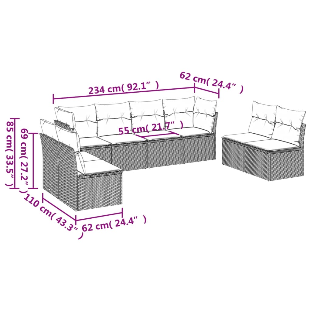 Vidaxl 8-Cz. Garden Furniture Set With Cushions, Grey, Poly Rattan