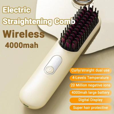 Kabellose Haarglättungsbürste Lockiges/glattes Haar Duale Anwendung 4000 mAh Ionen-Thermokamm 4 Temperaturstufen USB wiederaufladbar