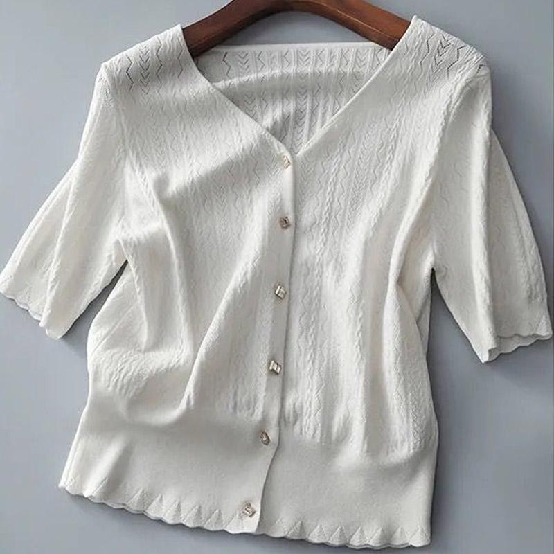 Women Sweaters Cardigans 2025 Summer Short Sleeve V-Neck Black White Knitted Sweater Women Tops Cardigan JJ314