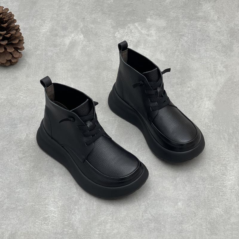 Johnature Handgefertigte Damen-Freizeitschuhe aus echtem Leder, Retro-Plateausohle, vielseitige Kurzstiefel aus Rindsleder