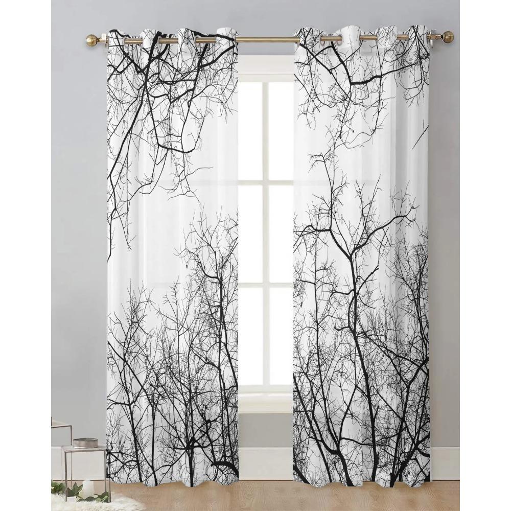 Black White Branches Sheer Curtains for Bedroom Living Room Decoration Window Curtain for Kitchen Tulle Voile Organza Drapes