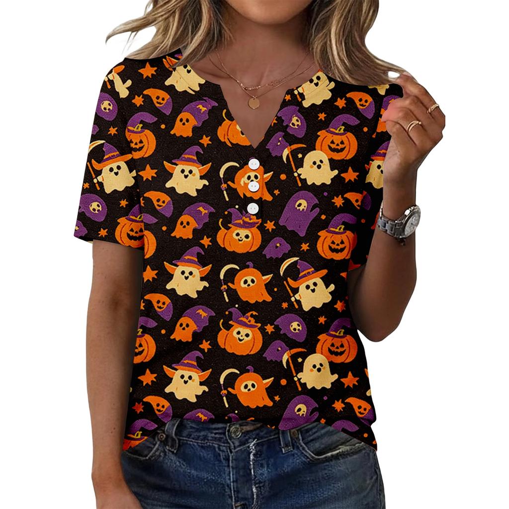 Women's Casual Halloween Print V Neck Short Sleeve Button Front T Shirt Top for Everyday Wear and Seasonal Events