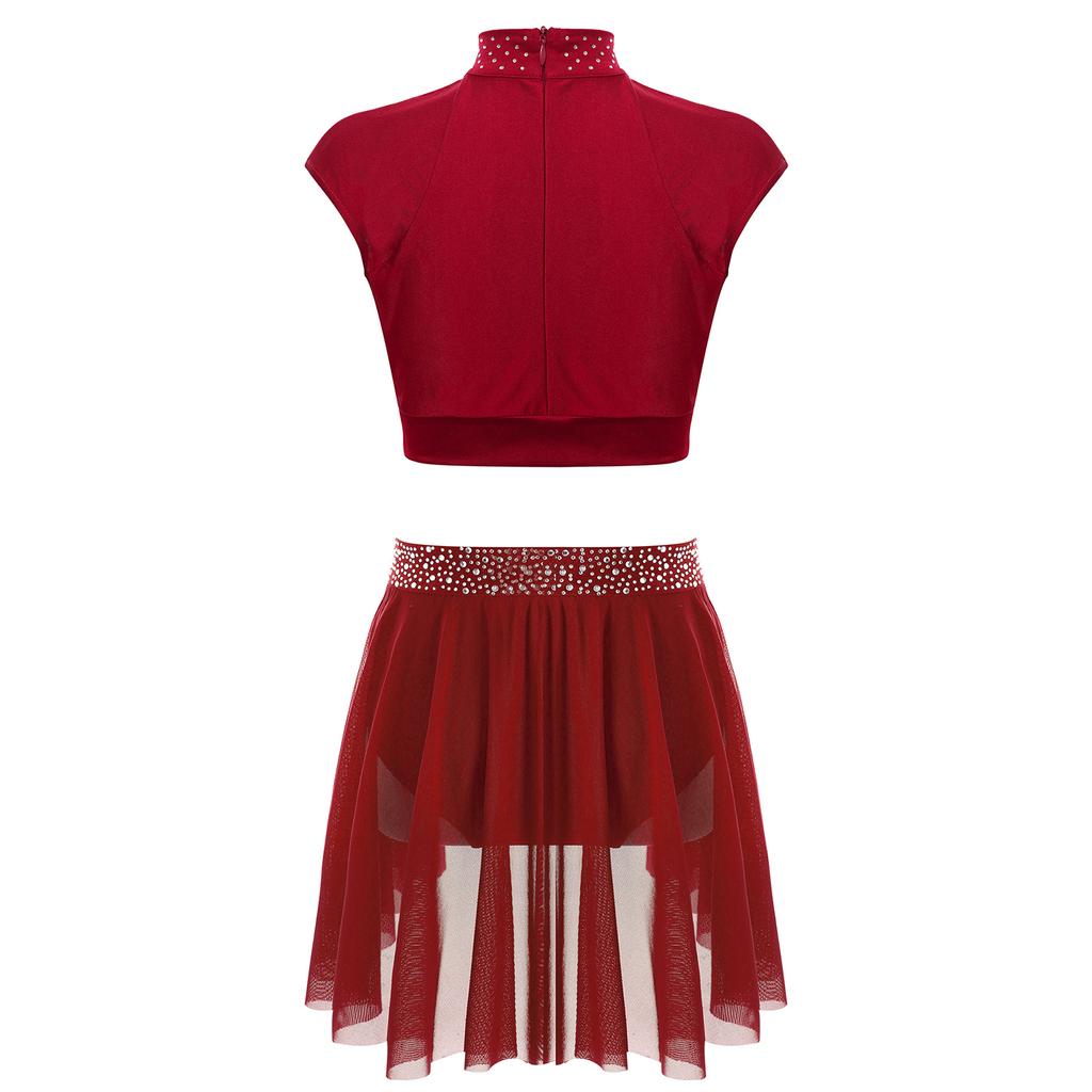 Girls Figure Skating Outfit Sleeveless Cutout Crop Top Rhinestone Waistband Ruched Irregular Skirt Dance Wear