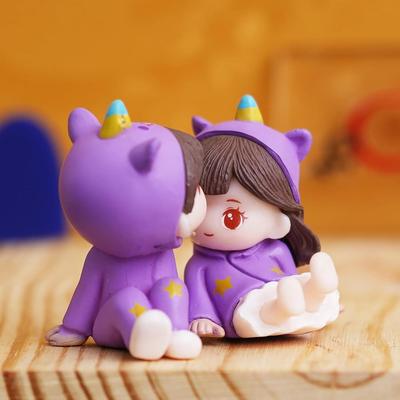 Purple Miniature Romantic Couple Statue Boy Kissing Girl Forehead Decorative Showpiece