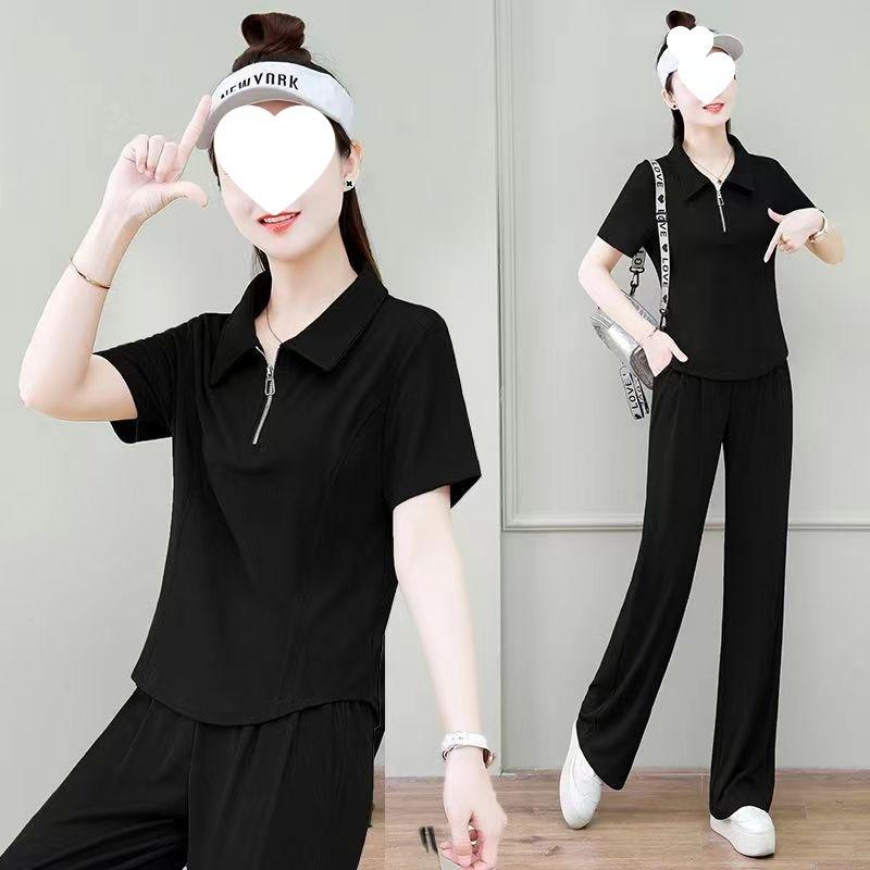 European-style Short-sleeved and Long Pants Casual Sportswear Set for Women, Loose Korean Summer Thin Style, Fashionable and Elegant