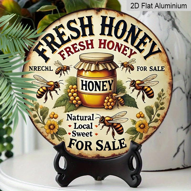 2D Flat Retro Fresh Honey Discount Aluminum Wall Logo-8x8 Inch Country Farmhouse Decoration with Bee and Jar Art, Humorous Kitchen Plaque Suitable