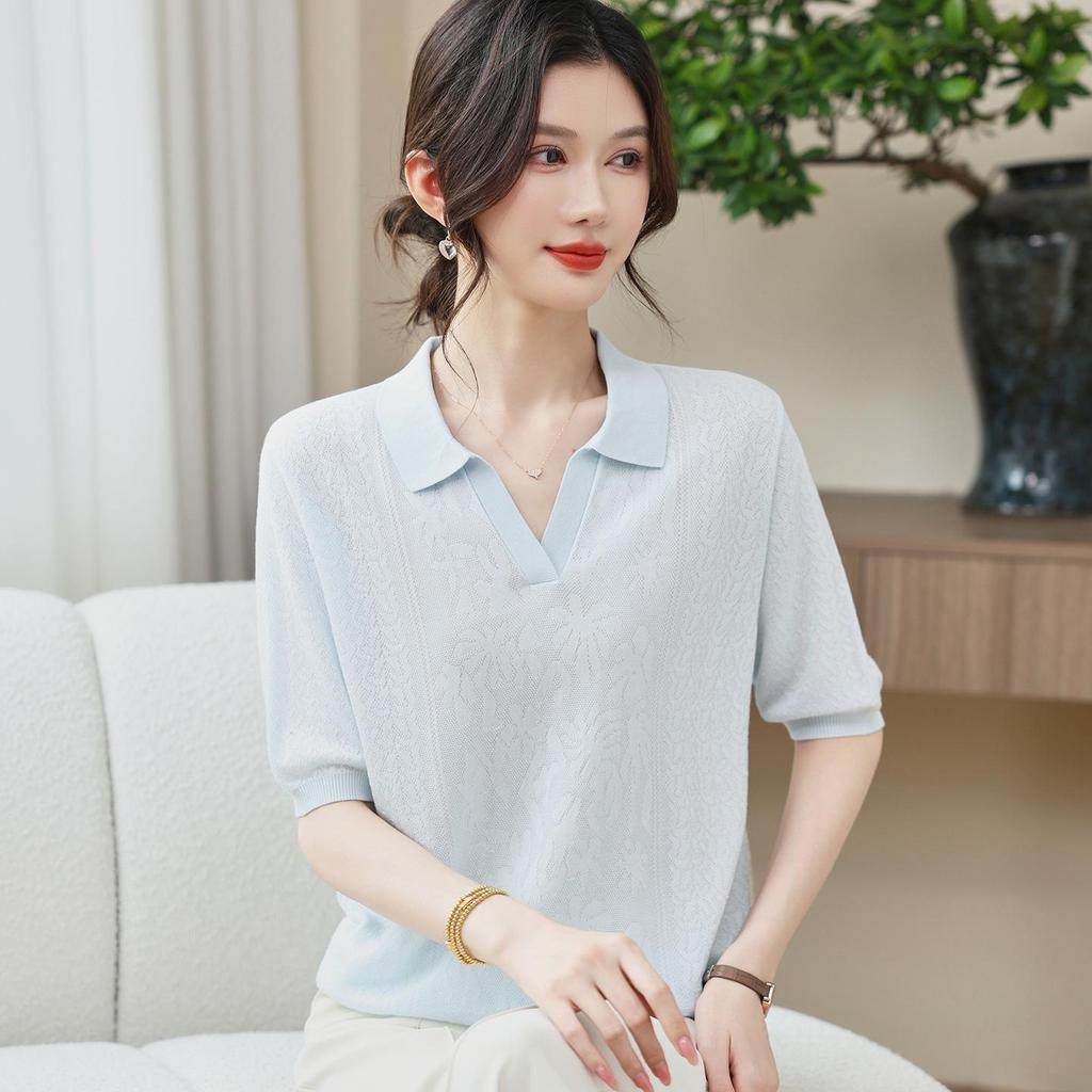 Young Mother’s Summer Ice Silk Jacquard Knit Top - 2026 New Short-Sleeved T-Shirt for Mother’s Day