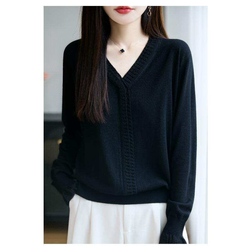 Women S V Neck Long Sleeve Lace Splicing Knit Sweater