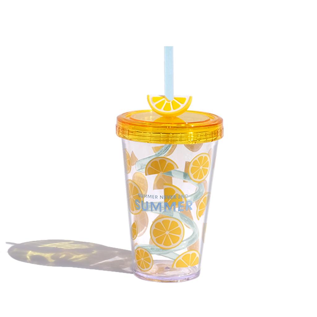 480ml Fruit Patterned Plastic Cup With Straw Transparent Juice Beverage Water Bottle for Drinking Ice Water Coffee Portable Mug