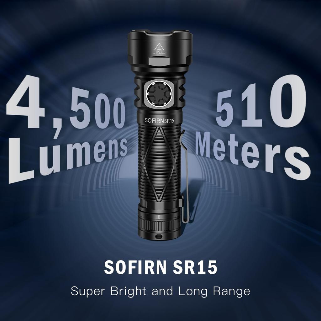Sofirn SR15 Powerful LED Military 4500 High 8 Magnetic Tail IP68 Ideal for Emergency Power and Camping Flashlight, Flashlight, Grade, Rechargeable,