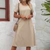 Summer Women's Cotton Linen Solid Colour Loose Round Neck Short Sleeve Dresses