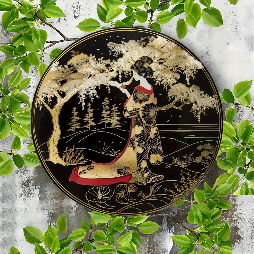2d Flat 20*20cm, Round Wooden Wall Sign, Japanese Kimono Decorative, Paper Cuttings Decorations, Entrance Decor Gift, for Bar, Cafe, Home, Wall Decor.