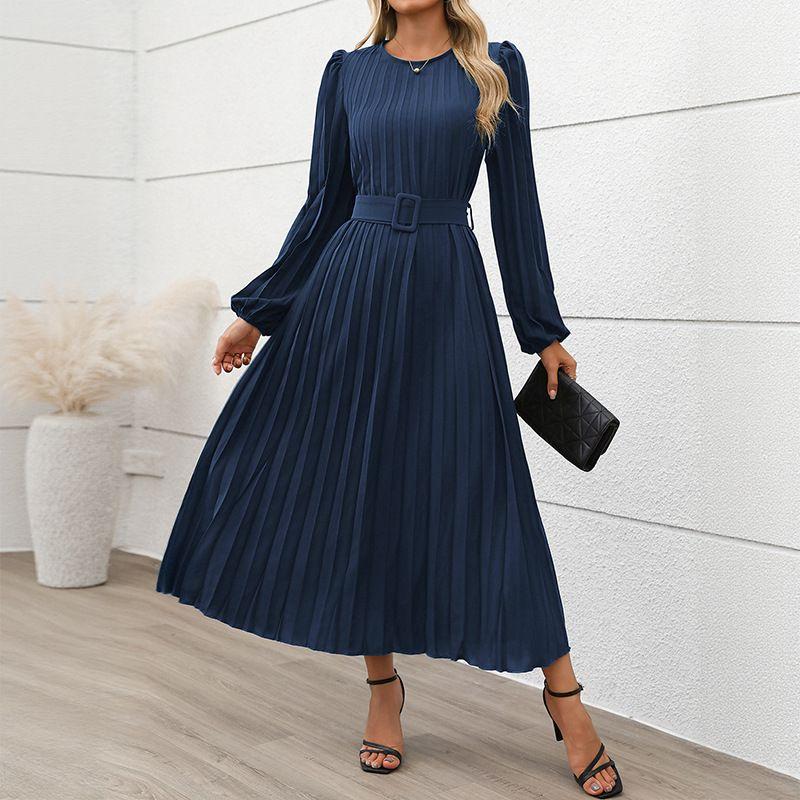 

European and American Dignified Women clothes New Dress Office Long sleeve Pleat round Neck Height Long dress Navy blue XL