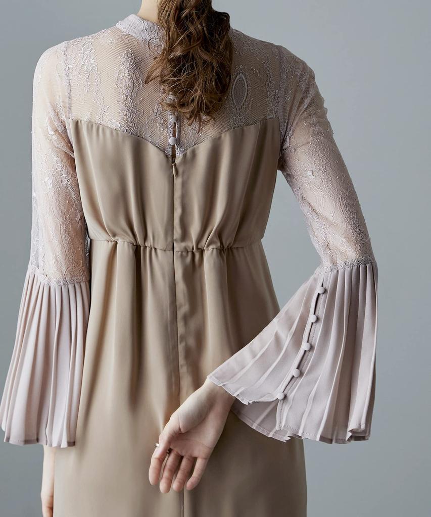 Pleated Bell Sleeve M [etoll] I-line Dress, One-piece, Wedding, After-party, Formal, Beige,