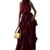 New Women's Clothing Neck Holiday Style Red Bright Silk Ruffle Edge Belt Sleeveless Dress In Stock