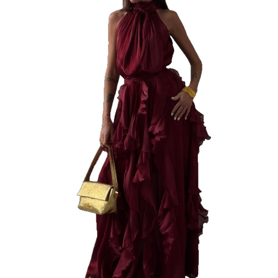New Women's Clothing Neck Holiday Style Red Bright Silk Ruffle Edge Belt Sleeveless Dress In Stock
