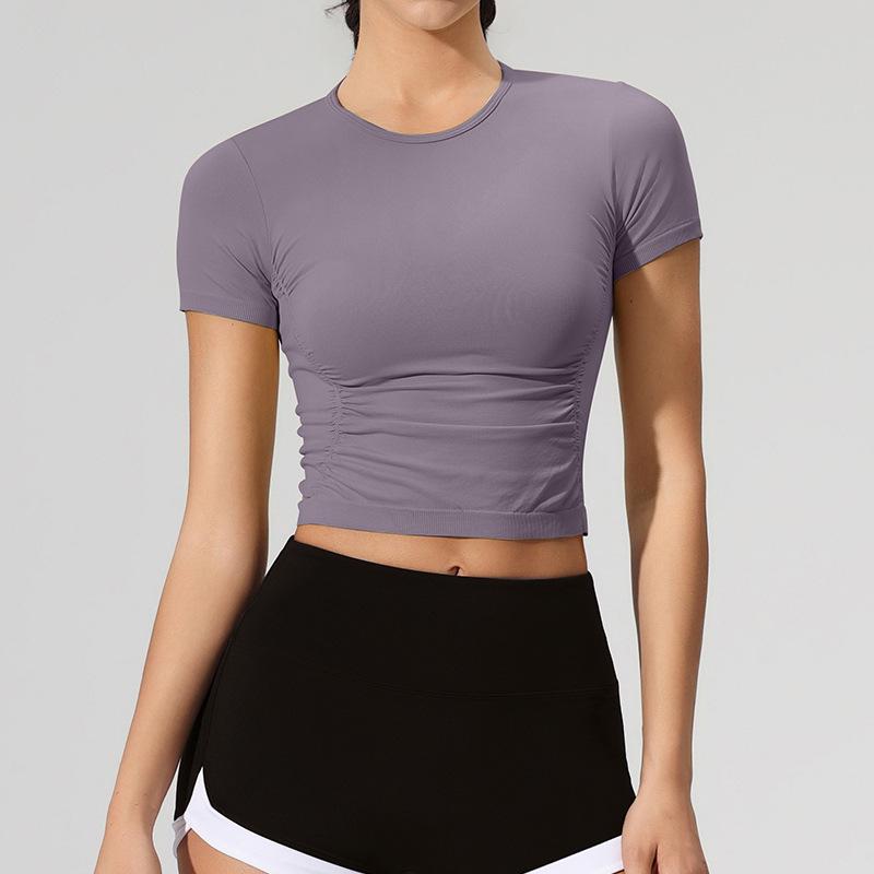 

Бесшовный женский топ с коротким рукавом и круглым вырезом для йоги и бега Small