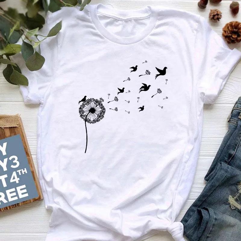 New Summer  Dandelion Butterfly Print Women Tshirt Casual White and Black T-shirt Funny T Shirt Gift for Lady Young Girl Tops