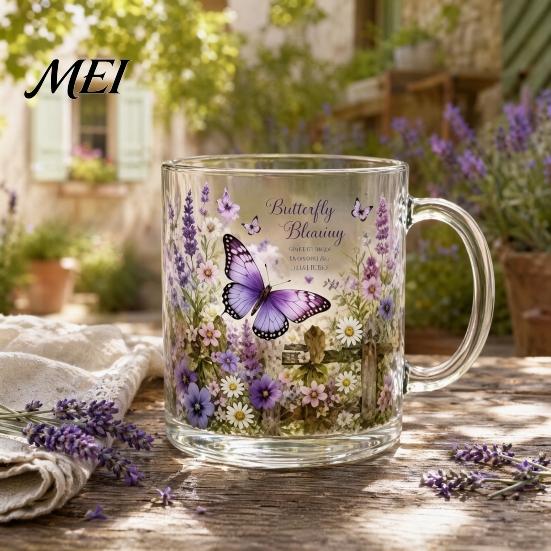 Glass Tea Cup Morning Cup, Hummingbird Flower Pattern Tumbler with Gold Rim, Nature Themed Glassware for Coffee Juice Wine Hot Cold Drinks Gift