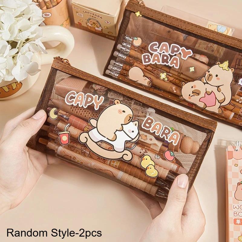 

2pcs Cute Capybara Document Storage Bags School Office Organizer Large Capacity Transparent File Bag Portable Travel Accessories
