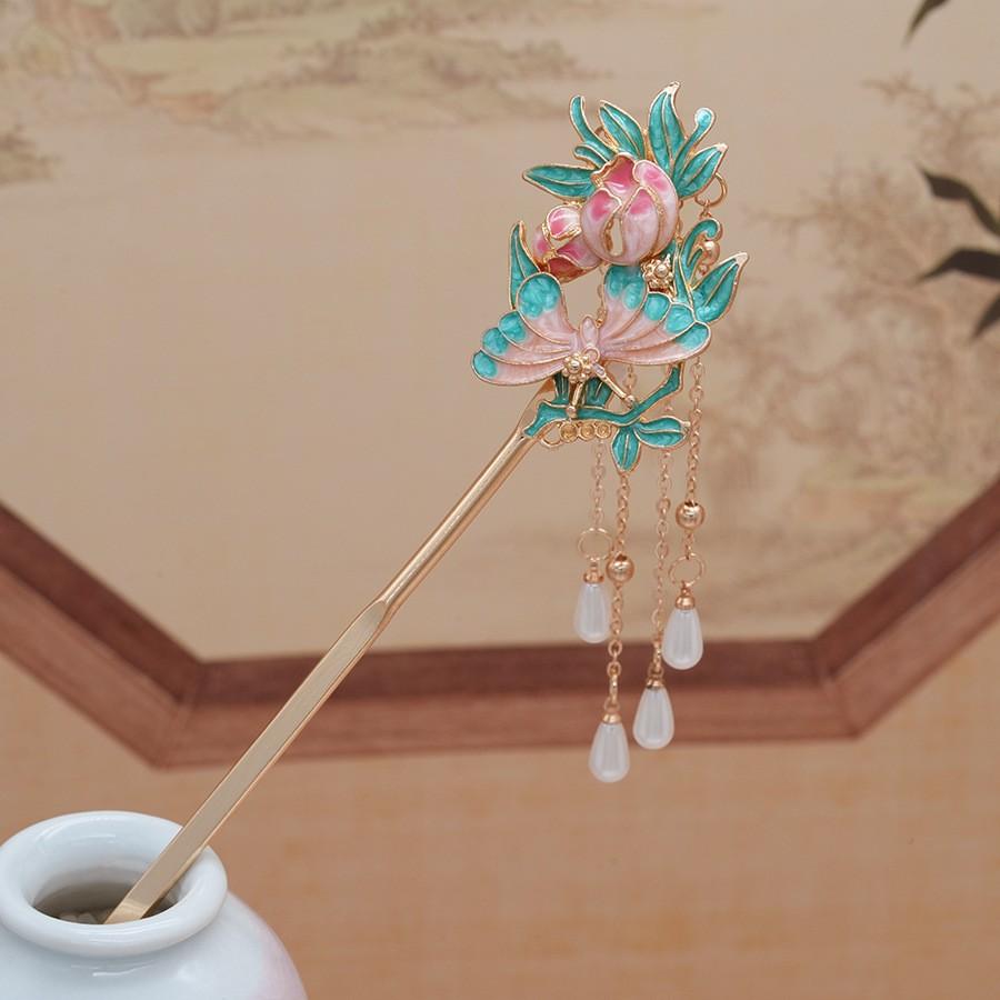 New Chinese Butterfly Flower Pearl Tassel Hairpin Vintage Elegant Hanfu Headwear For Women
