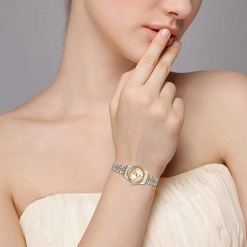 JEWELRYWE Women's Watch, 3ATM Water Resistant, Calendar Function, Luminous Analog, Japanese Quartz Movement, Stainless Steel Strap, Gold, Fashion