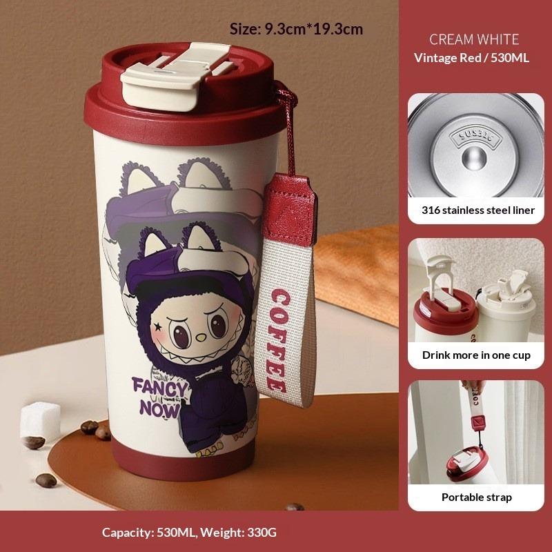 Cartoon Pattern Coffee Cup 316 Stainless Steel Thermos Cup Portable Double Drinking Straw Water Cup