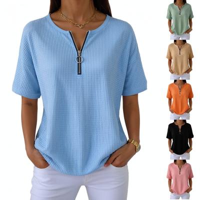 Women Casual Short Sleeve Pullover Top Waffle Knit Fabric Half Zip Front Loose Fit Lightweight Shirt