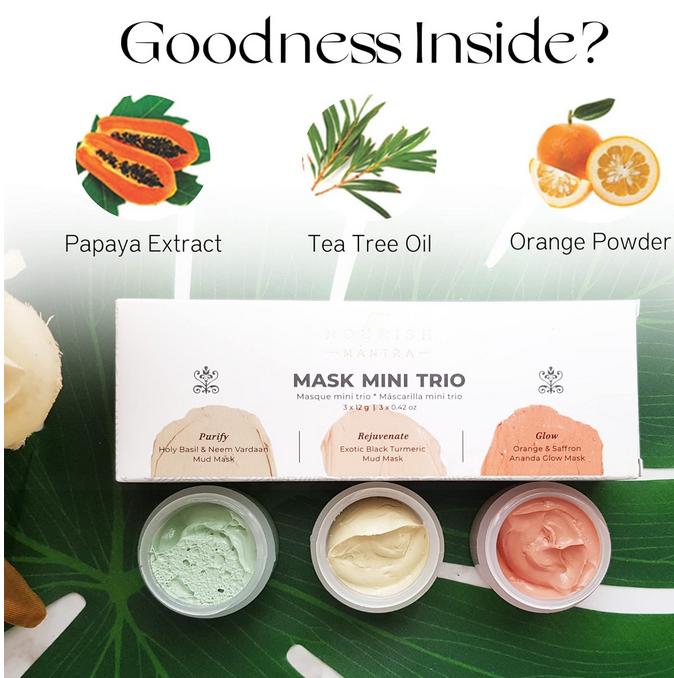 Nourish Mantra Mini Mask Trio Face Care Kit, Holy Basil & Neem Vardaan Mud Mask, Exo, Orange & Saffron Avanda Glow Mask (12g Each)